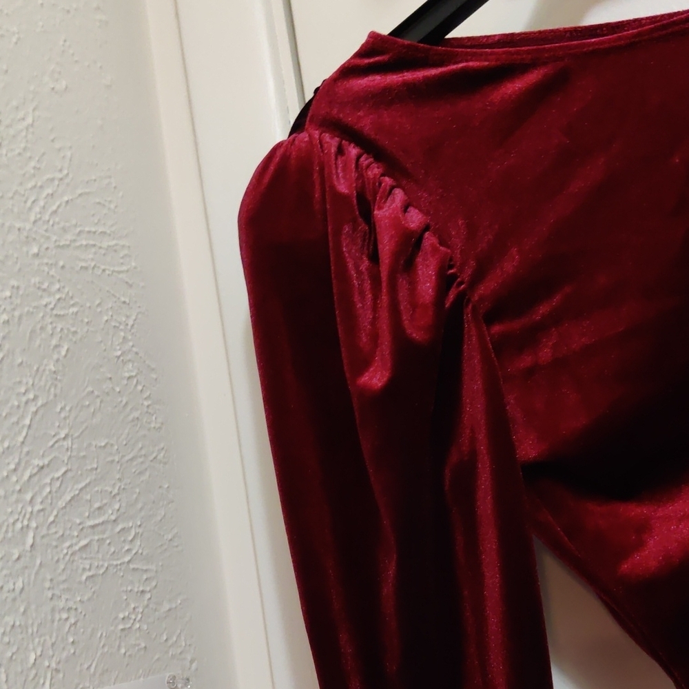 Shinestar Burgundy Velvet One-Shoulder Bodysuit - Picture 5 of 5